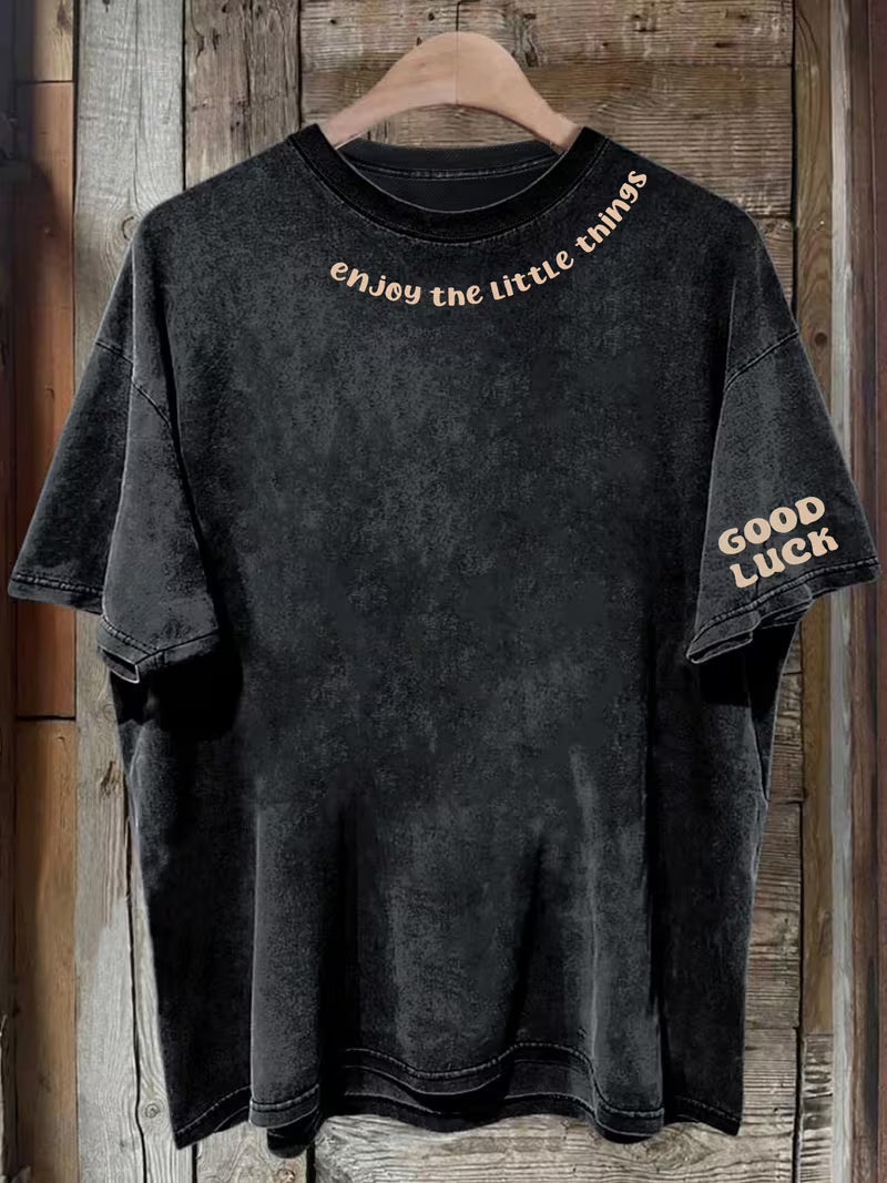 Women'S Trendy Vintage Washed Short-Sleeve Top with Letter Print And Round Neck T-Shirt