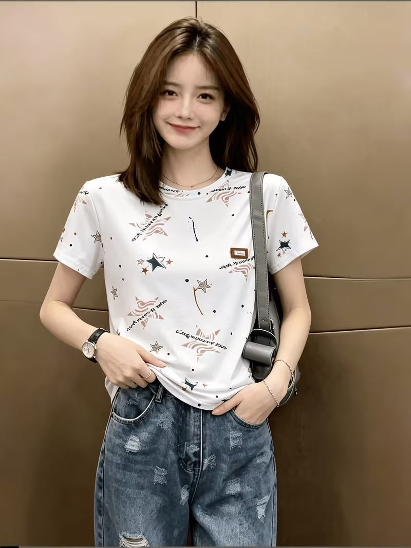 Korean Retro Printed Age-Reducing Half Sleeve Loose Casual Top