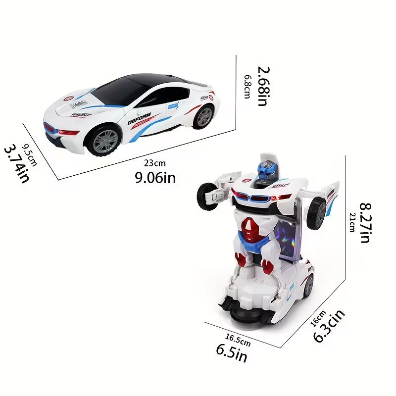 Toy Car, Cool Automatic Transforming Car Toy, White Fashionable Appearance with Cool Lights Music And Omni-Directional Turning Function, Christmas Gift Birthday Gift Party Gift Halloween Gift Holiday Gift.