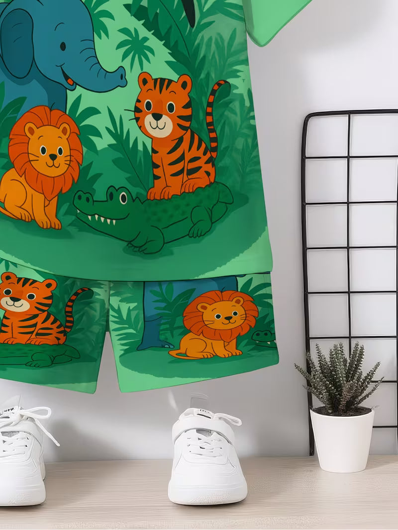 Cute Jungle Animal Play 3D Printed Design, Short Sleeve