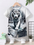 Boys' and Infants' Casual Sporty Stylish Snow Forest White Tiger Print Crew Neck T-shirt and Shorts Set