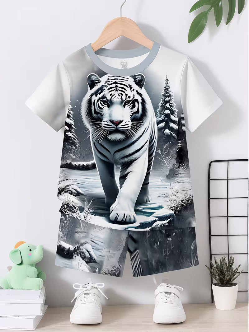 Boys' and Infants' Casual Sporty Stylish Snow Forest White Tiger Print Crew Neck T-shirt and Shorts Set