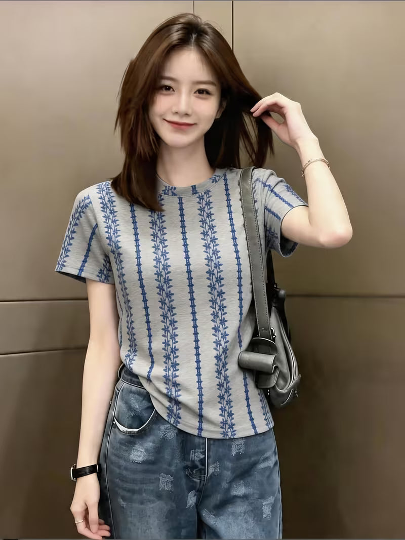 New Chinese Style Blue Pattern Regular Shoulder Short Sleeve T-Shirt