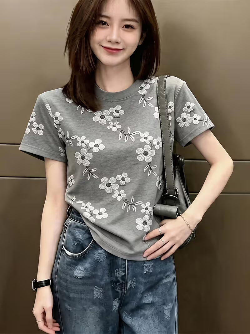 New Arrival Women's Vintage Print Short Sleeve T-Shirt