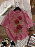 Distressed Washed T-Shirt Features a Red Rose Vintage Floral Print