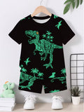 Dinosaur Outfit: Short-Sleeve Shirt & Matching Sports Shorts with 3D -Rex Print