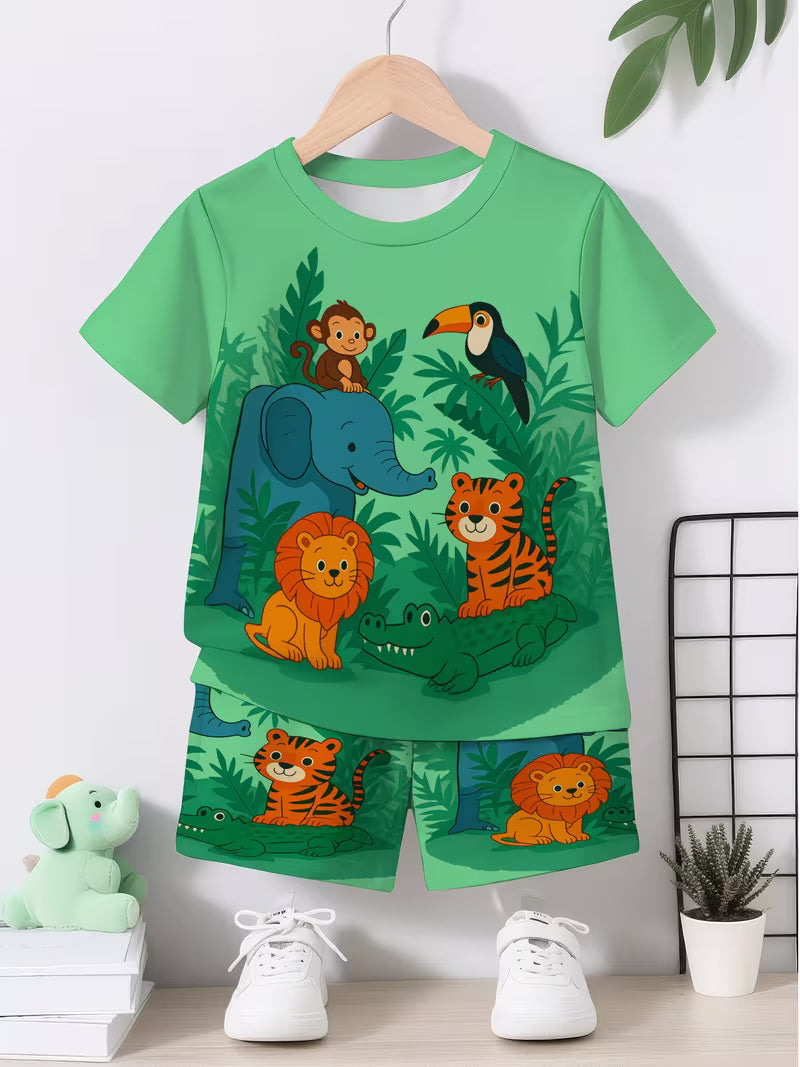 Cute Jungle Animal Play 3D Printed Design, Short Sleeve