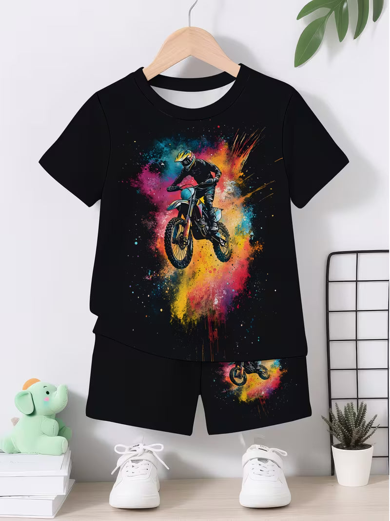 Colorful Motorcycle Pattern 3D Print Design, Short-Sleeve Pullover Shirt