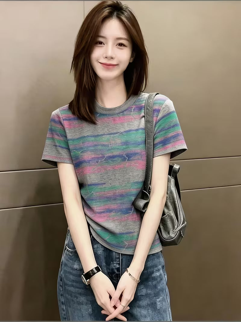 Retro Distressed T-Shirt, Striped Short-Sleeved T-Shirt Grey