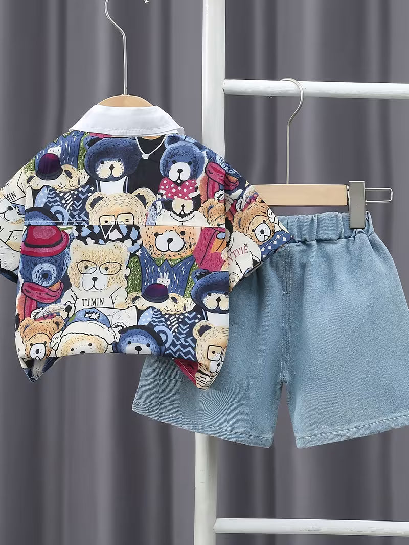 Children'S Clothing Boys Color Block Cartoon Pattern Shirt Short Sleeve Two-Piece Shorts