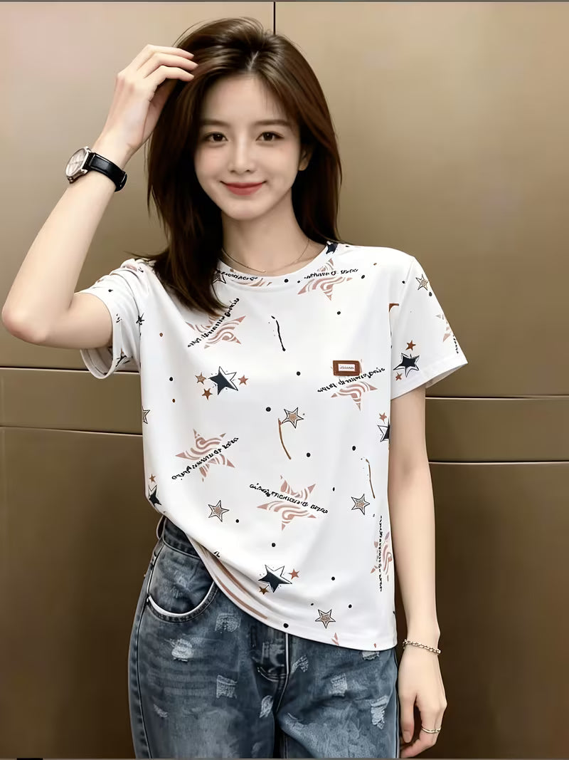 Korean Retro Printed Age-Reducing Half Sleeve Loose Casual Top