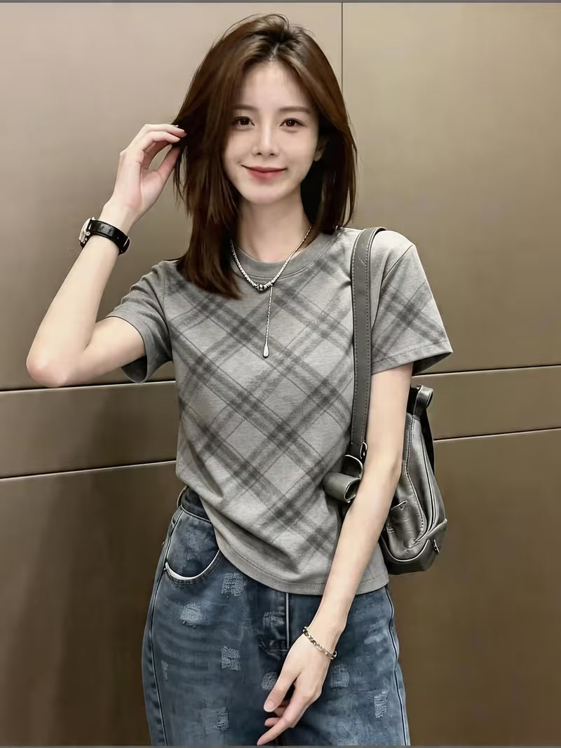 Luxury British Plaid Straight Shoulder Short-Sleeved T-Shirt