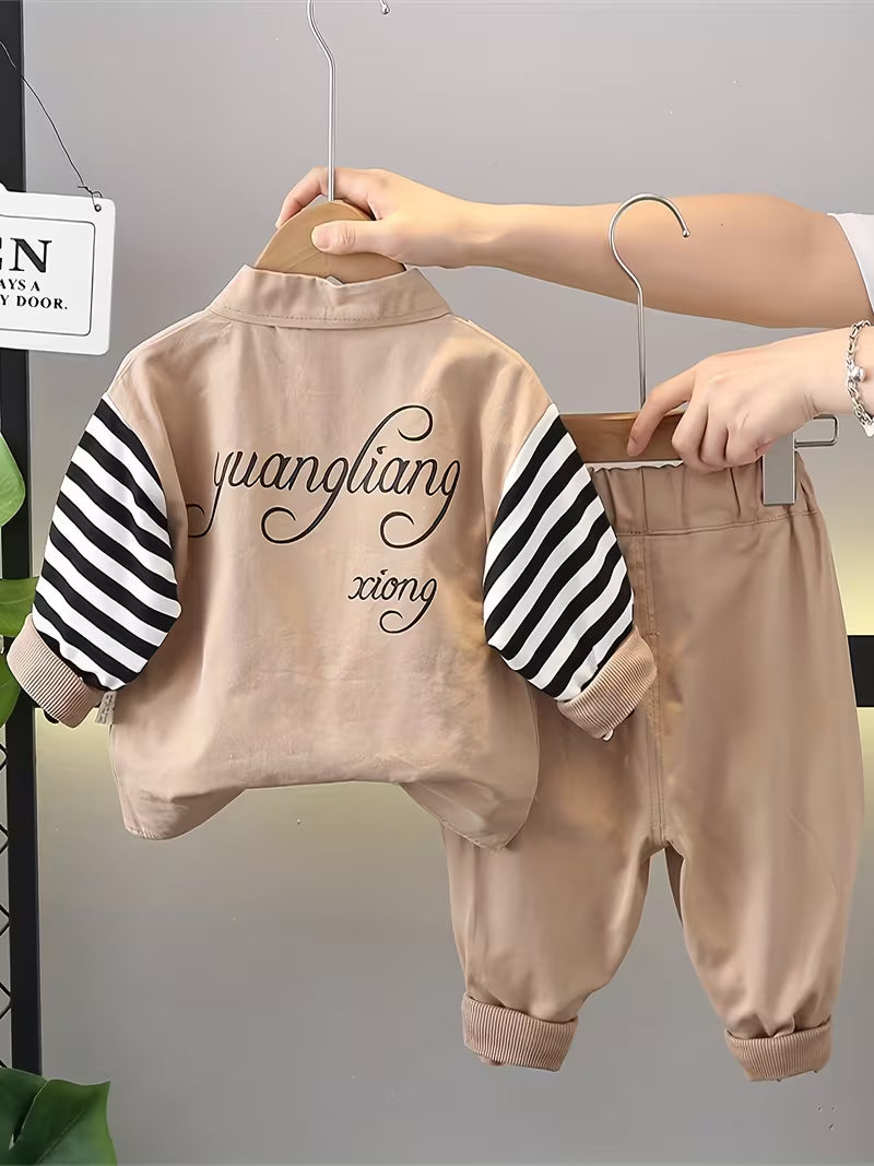 Boys' Turn- Collar Long Sleeve Bear Head Stripe Print Shirt Two-Piece Set Khaki