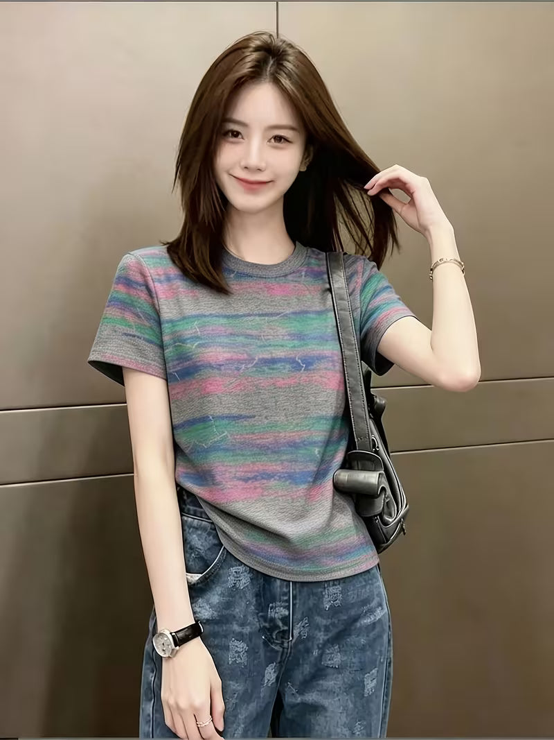 Retro Distressed T-Shirt, Striped Short-Sleeved T-Shirt Grey
