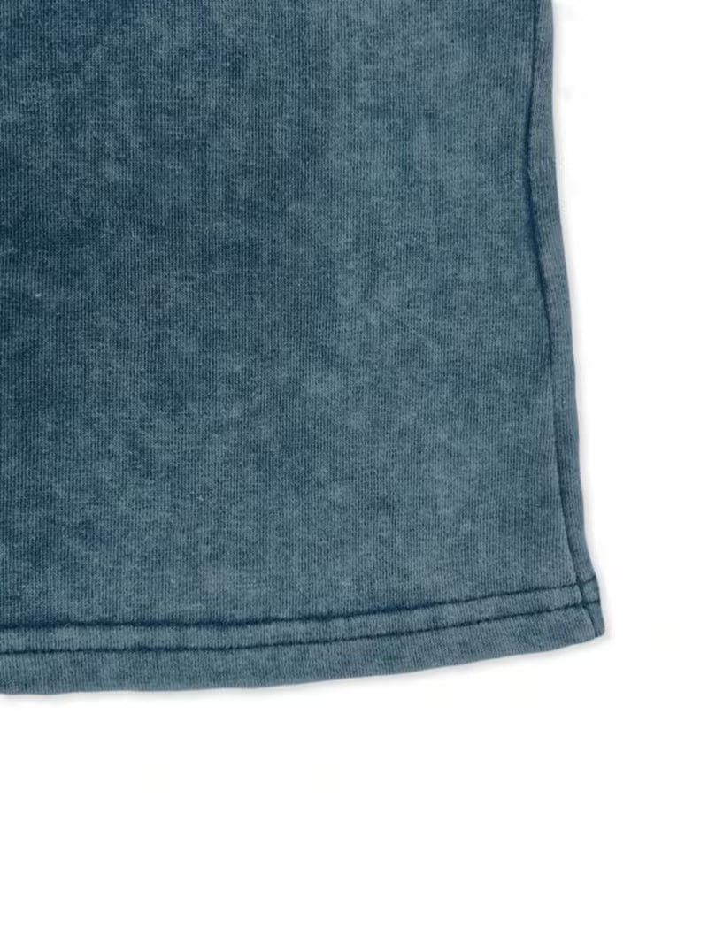 Distressed Washed T-Shirt Features a Red Rose Vintage Floral Print Blue