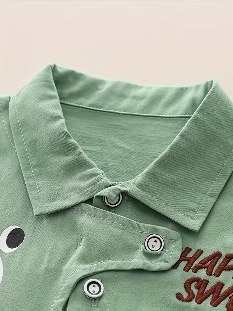 Boys' Turn- Collar Long Sleeve Bear Head Stripe Print Shirt Two-Piece Set Green