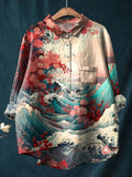 Vintage Blue Floral Art Print Casual Shirt with Pocket
