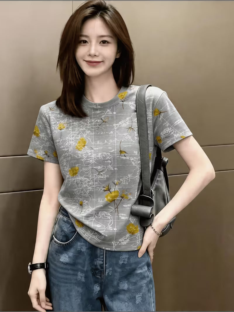 New Arrival Women's Vintage Print Short Sleeve T-Shirt, Artistic Style