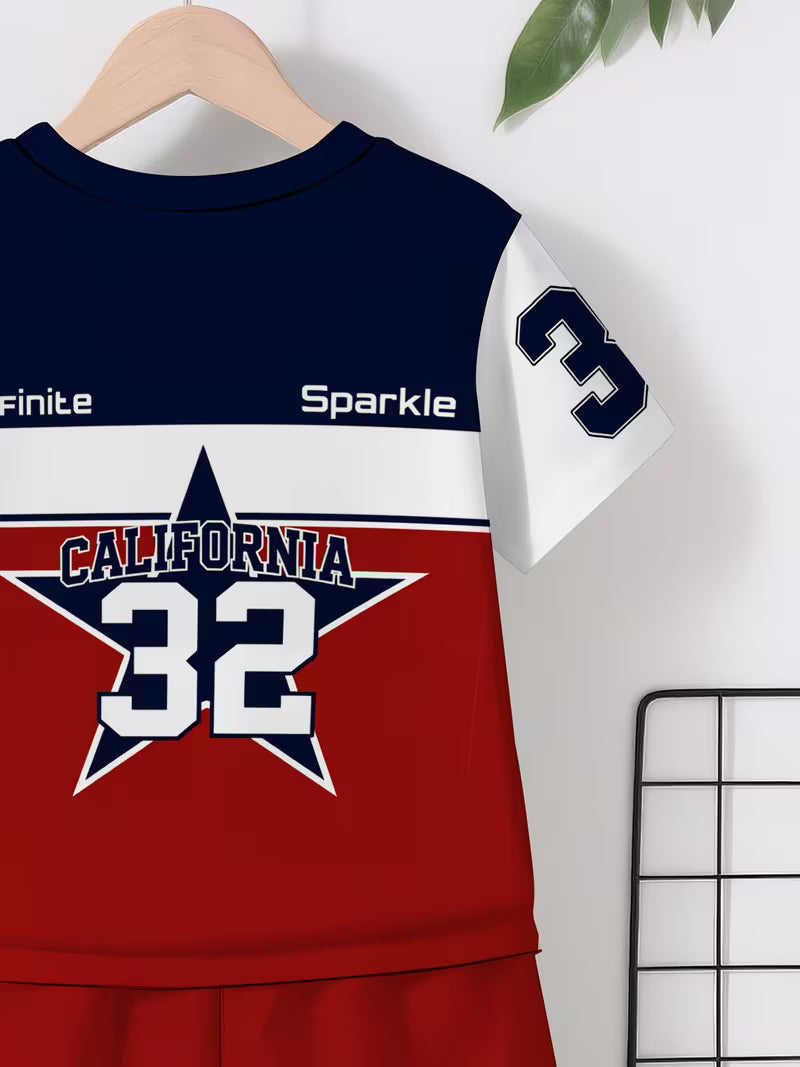 Featuring a Trendy Navy, Red and White Color Combination with a Creative California Star Number 32 Pattern