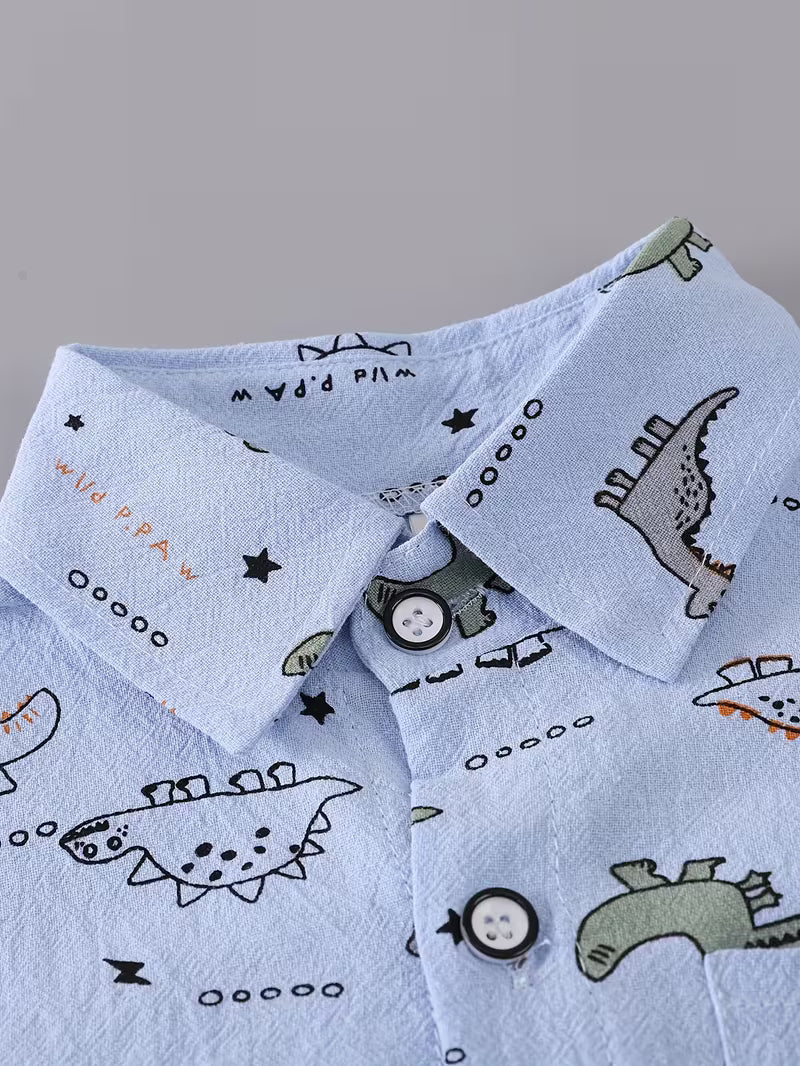 Boys' Dinosaur Print Set with Pocket Long-Sleeve Shirt and Denim Long Pants Sky Blue
