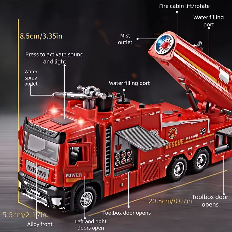 A Multifunctional Red Alloy Fire Truck Toy (Can Spray Water And Mist), with Sound And Light, Scene Simulation, Suitable for Ages 6 And Up, Perfect Holiday And Birthday Gift