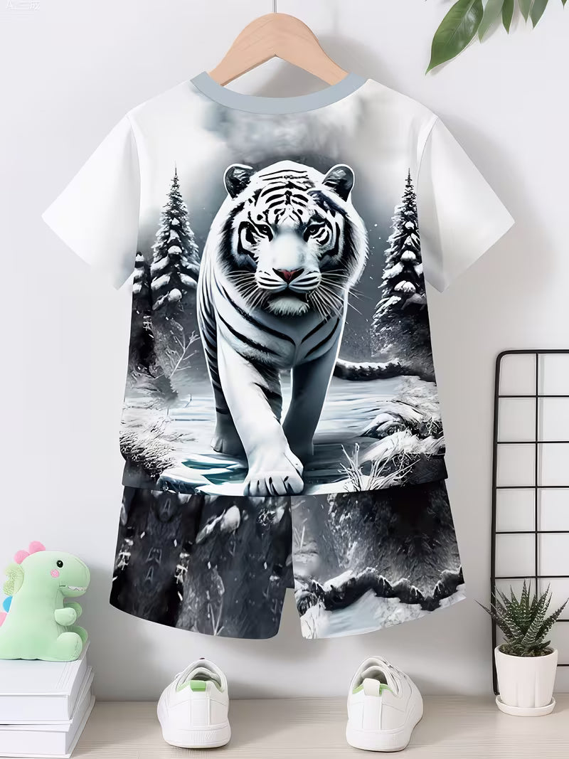 Boys' and Infants' Casual Sporty Stylish Snow Forest White Tiger Print Crew Neck T-shirt and Shorts Set