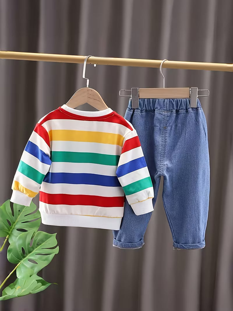 Casual Striped Top + Stylish Denim Long Pants 2pcs Set