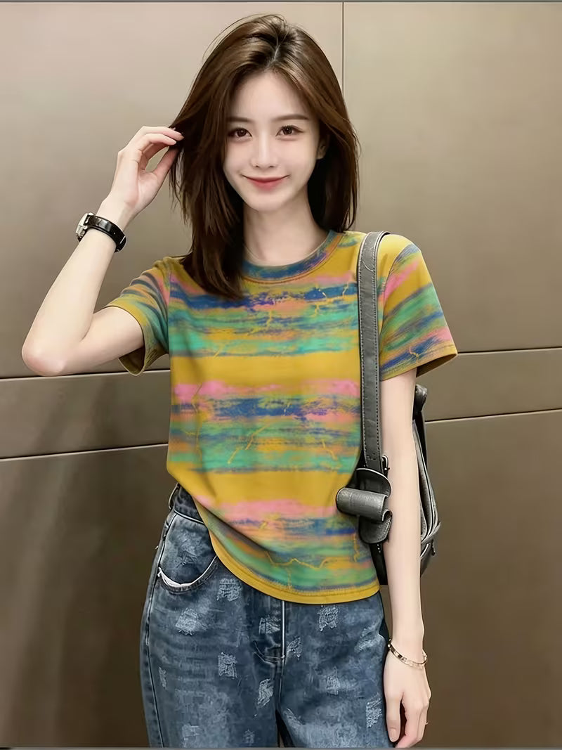 Retro Distressed T-Shirt, Striped Short-Sleeved T-Shirt Yellow