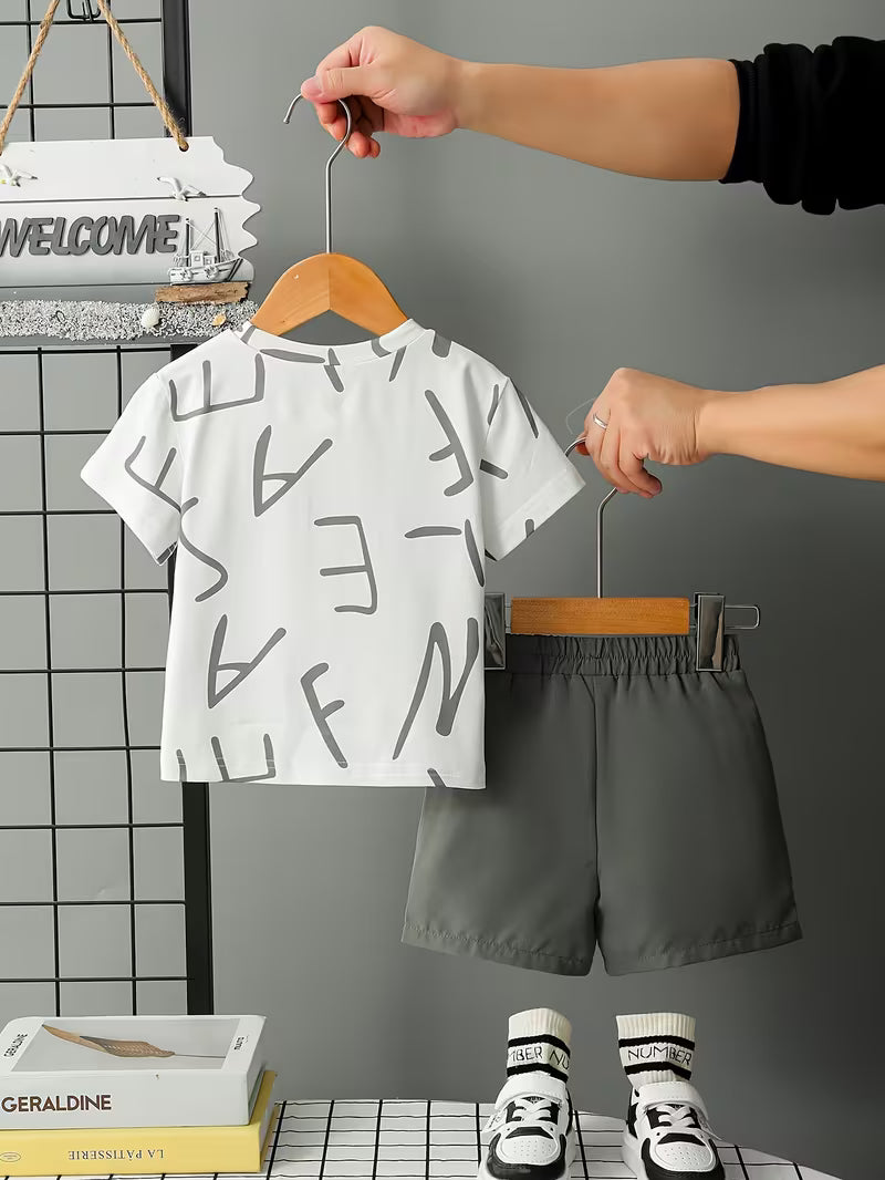 Graffiti Style Short Sleeve Set And Graffiti Print Short Sleeve T-Shirt with Matching Pocket