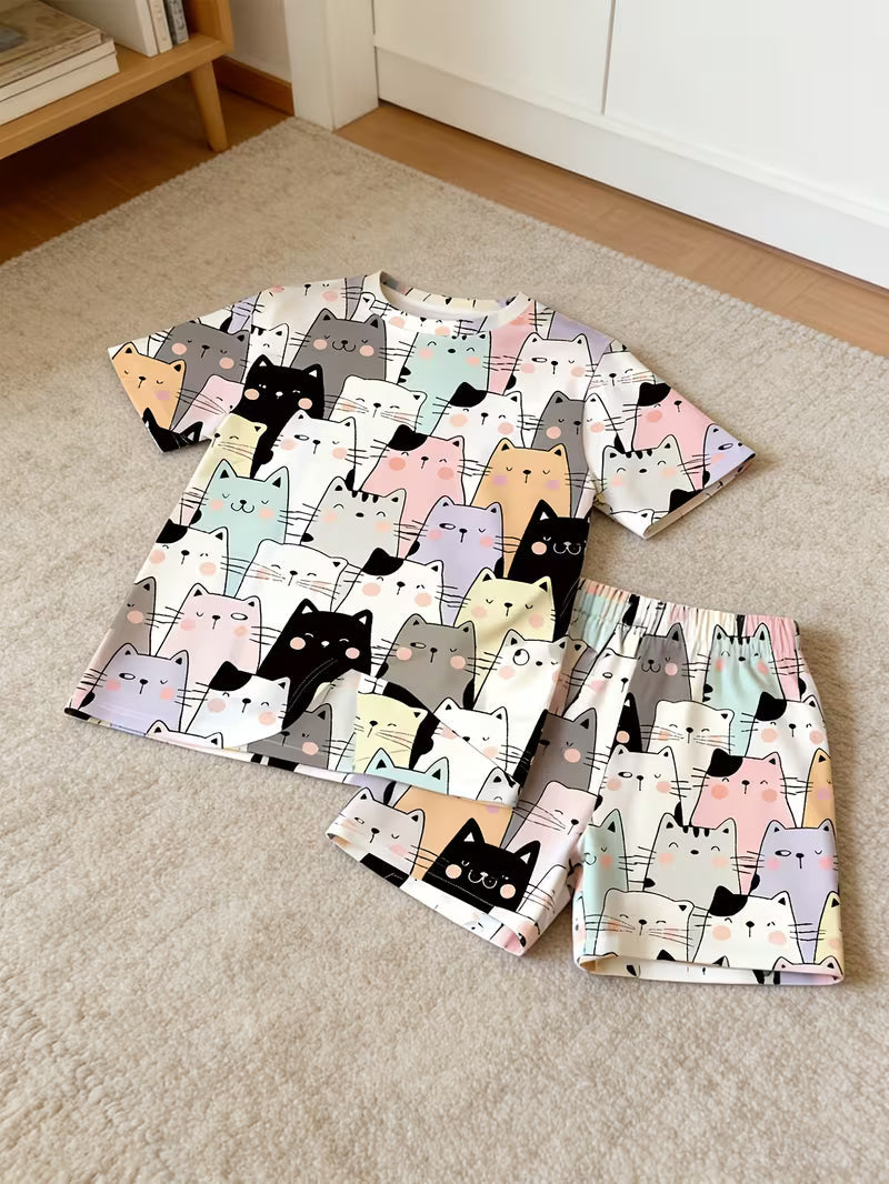 Cartoon Cat Print Sportswear, Celebrity Style, Suitable for Spring/summer