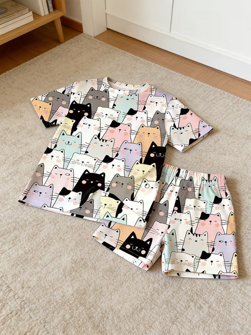 Cartoon Cat Print Sportswear, Celebrity Style, Suitable for Spring/summer