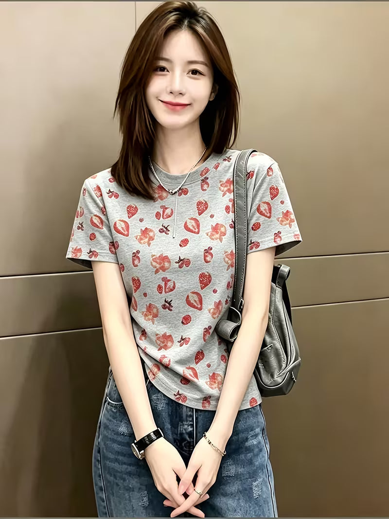 Niche Mori Style Strawberry Straight Shoulder Short-Sleeved T-Shirt
