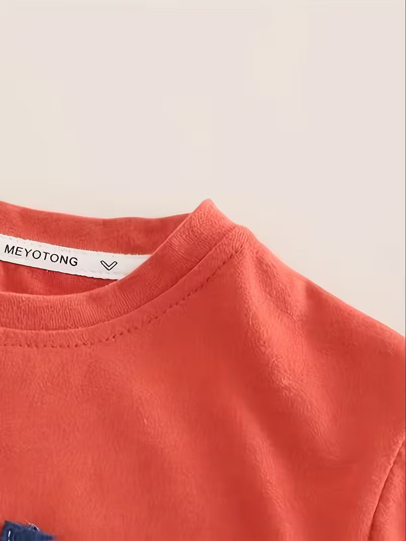Boys' Fashion 2pcs Set: Orange-Red Round Neck Short Sleeve Top + Patch Denim Shorts