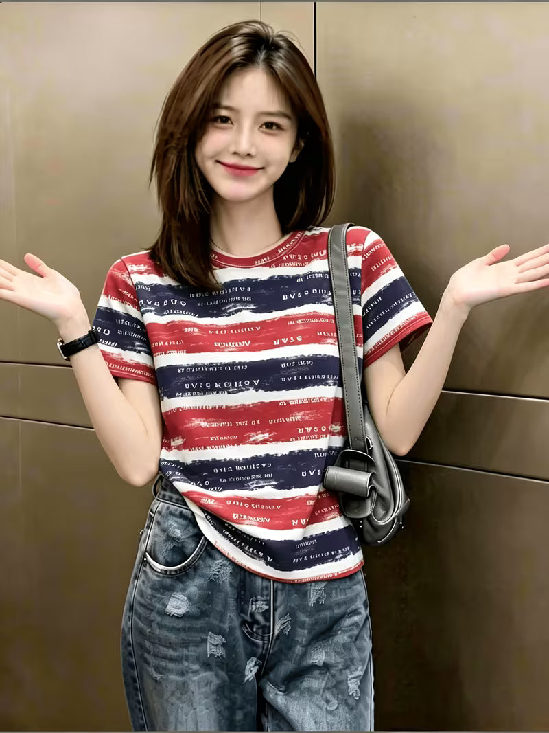 European Style Striped Short-Sleeve T-Shirt - Loose Fit Crew Neck -Compatible Top