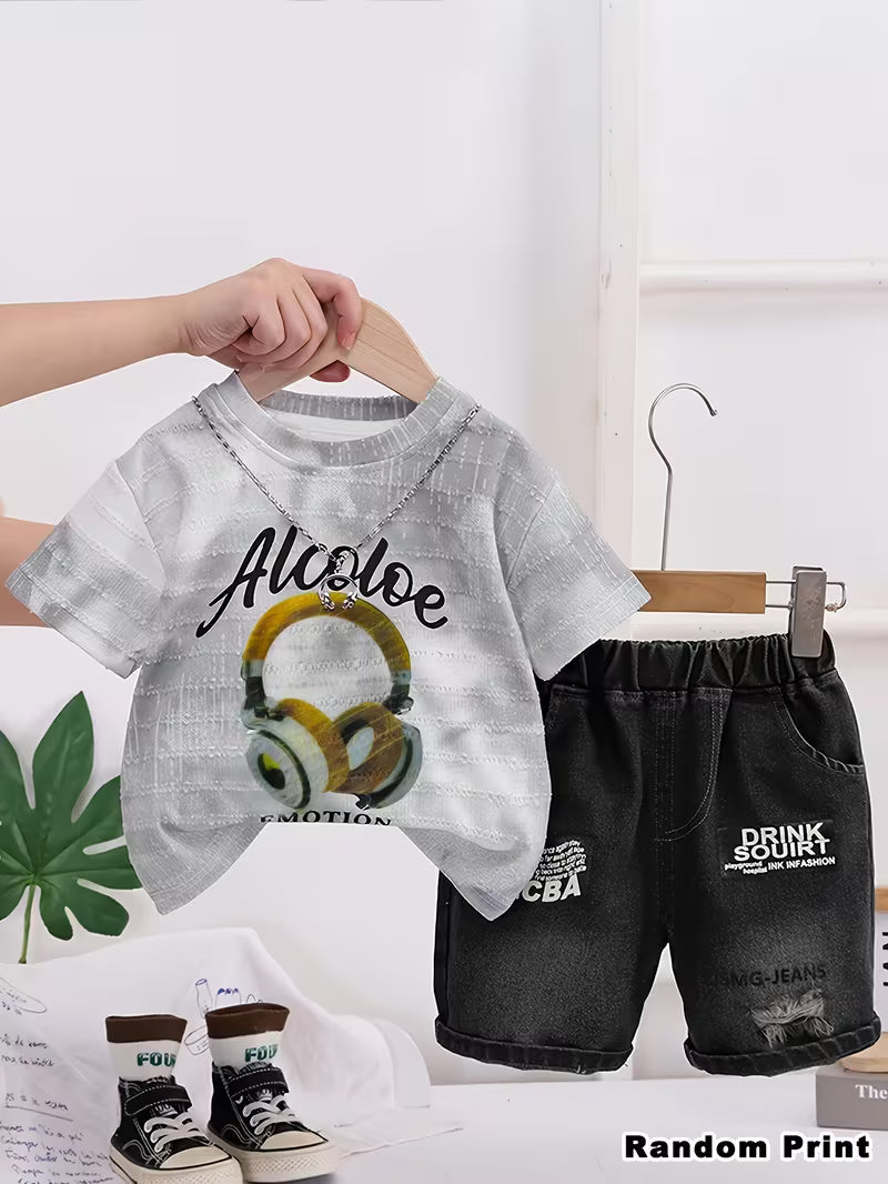 Boys' 2pcs Tie-Dye Print Set, Tie-Dye T-Shirt + Denim Shorts