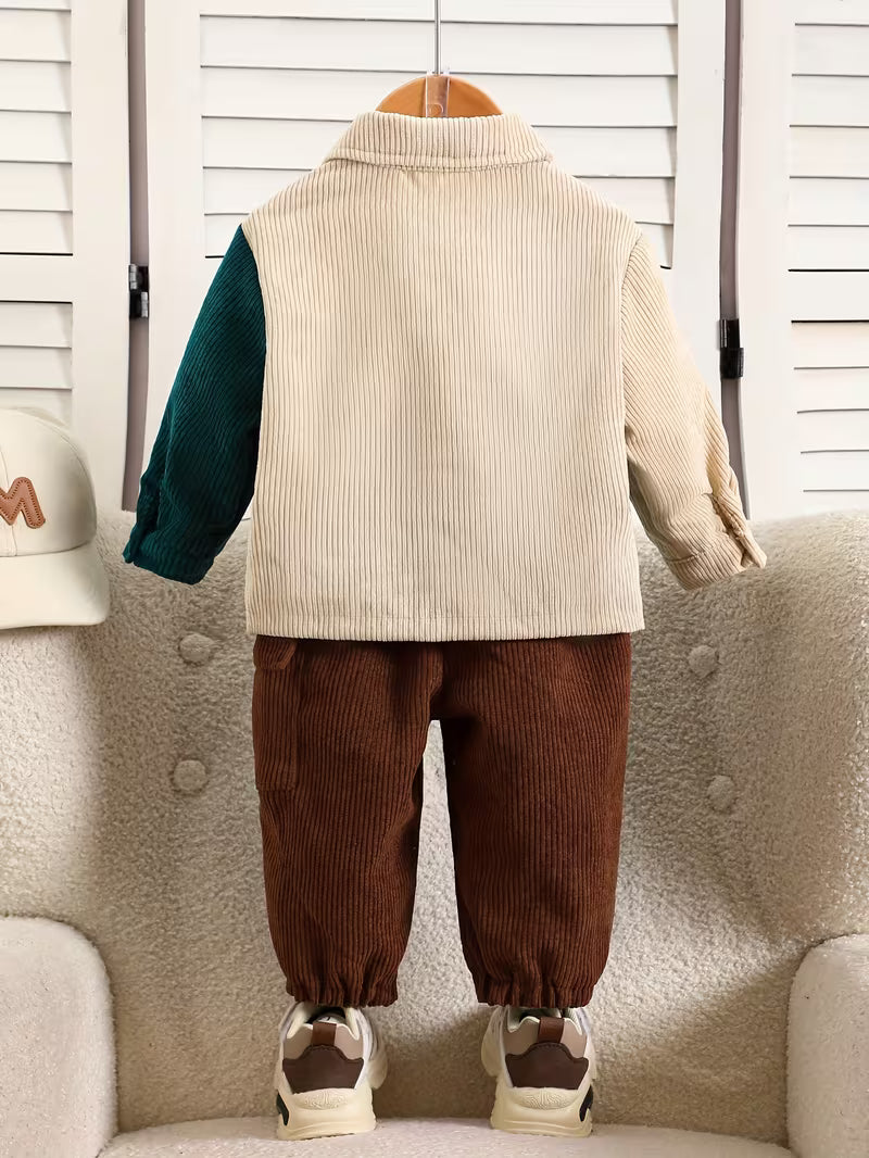 Fashion Patchwork Lapel Cardigan Button-Up Long Sleeve Top And Apricot Elastic Waist Long Pants
