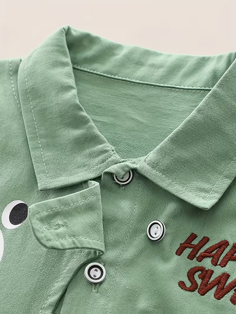 Boys' Turn- Collar Long Sleeve Bear Head Stripe Print Shirt Two-Piece Set Green