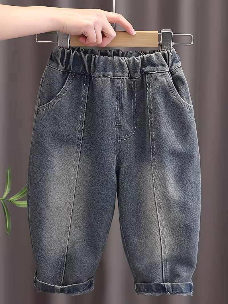 2pcs Set - Boys' Korean-style Spring-autumn Black and White Striped T-shirt + Washed Denim Pants Set Dark Green