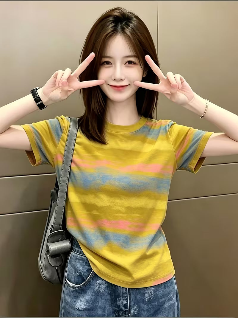 Retro Distressed T-Shirt, Striped Short-Sleeved T-Shirt Yellow