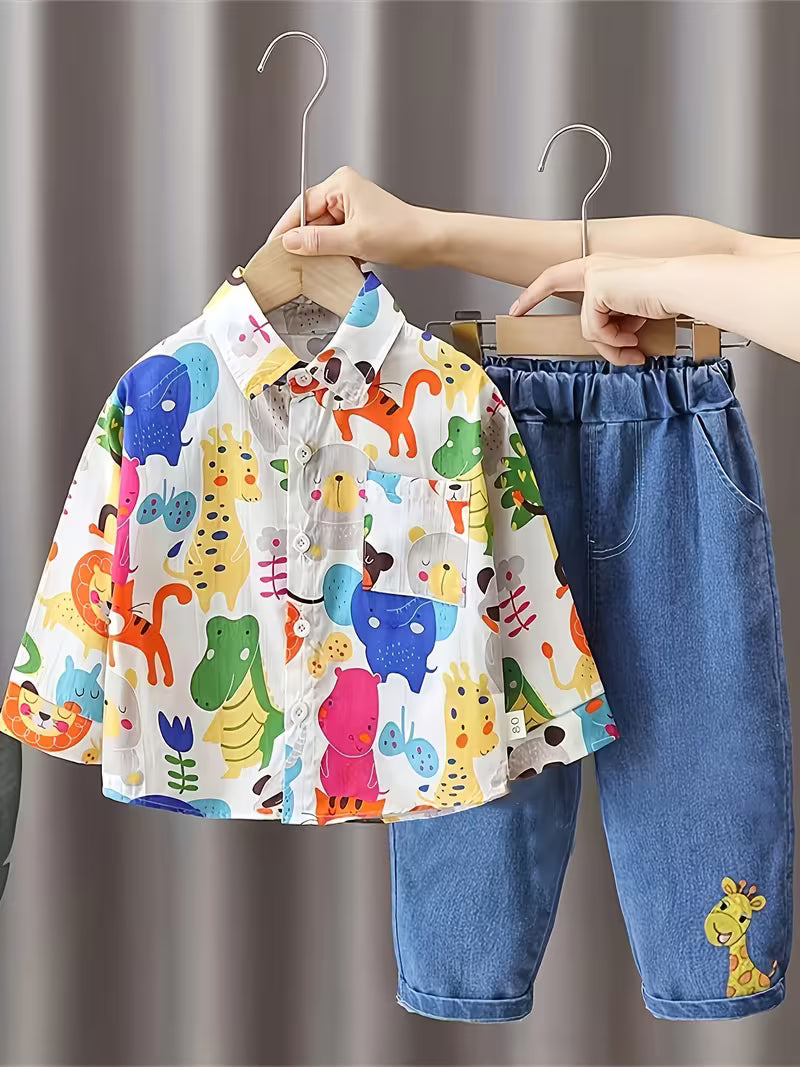 Children's Colorful All-Over Print Animal Long-Sleeved Shirt And Denim Long Pants White