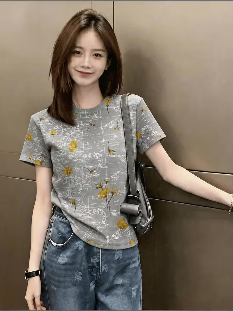 New Arrival Women's Vintage Print Short Sleeve T-Shirt, Artistic Style