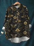 Vintage Black Floral Art Print Casual Shirt with Pocket