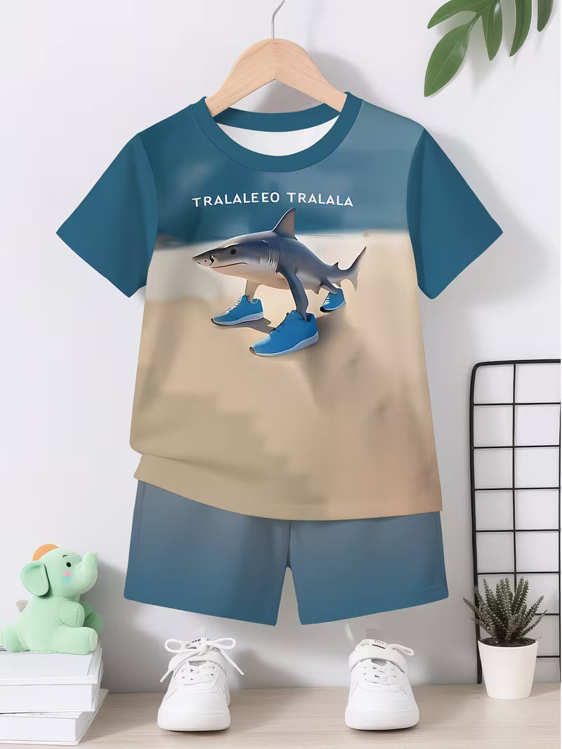 Cool Shark Print Shoes for Boys, Featuring a 3D Design, Along with a Short-Sleeve Pullover