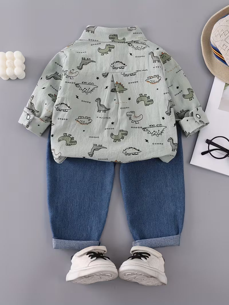 Boys' Dinosaur Print Set with Pocket Long-Sleeve Shirt and Denim Long Pants Green