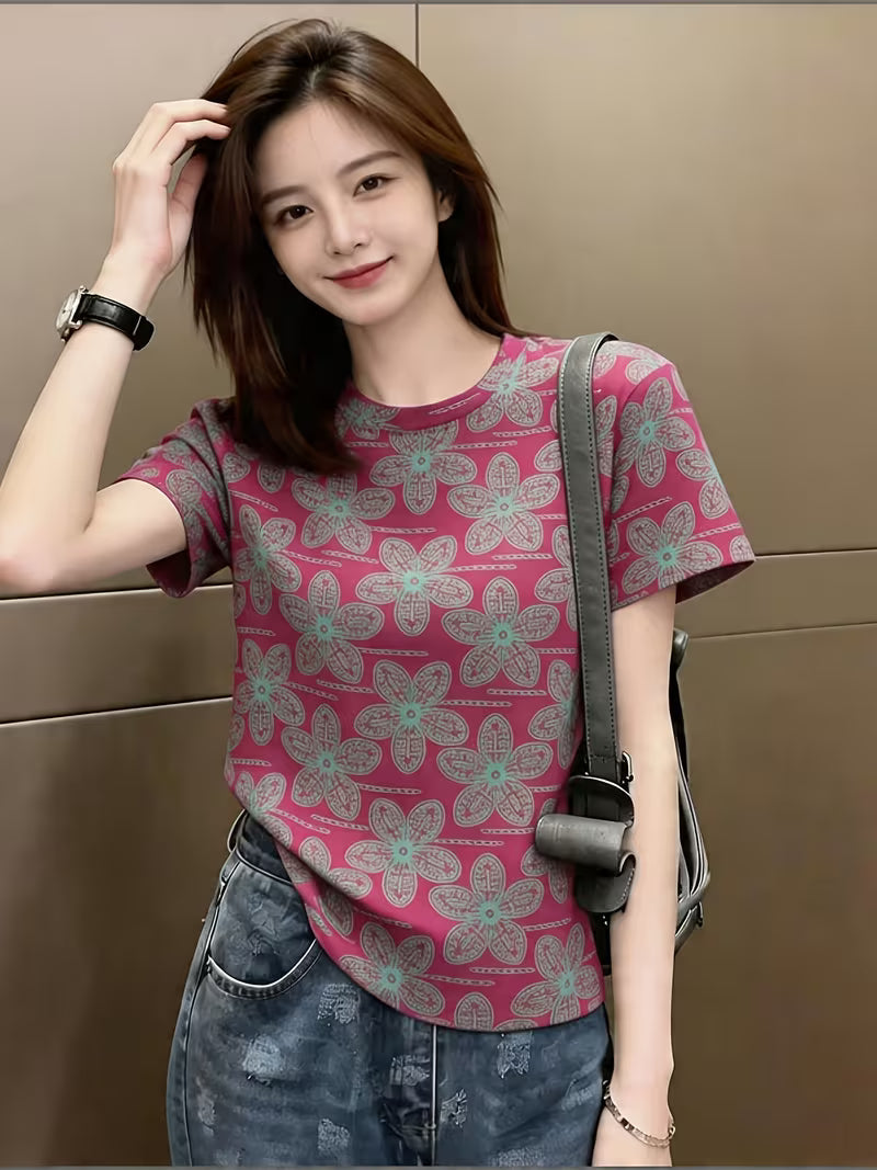 Retro Full Print Floral Crew Neck Short-Sleeved T-Shirt