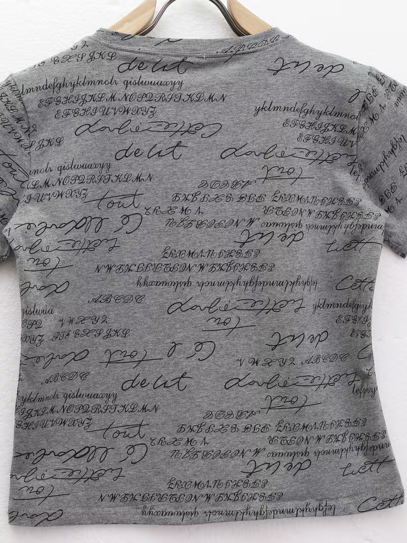 Gray Round Neck Regular Shoulder Short Sleeve Versatile Base Shirt Top