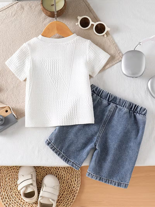 2pcs Baby Boy White Textured T-Shirt + Ripped Denim Shorts Set