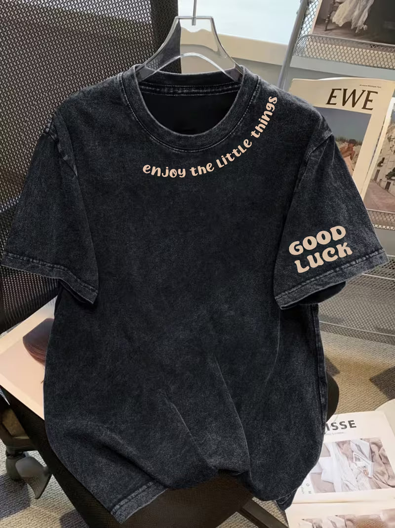 Women'S Trendy Vintage Washed Short-Sleeve Top with Letter Print And Round Neck T-Shirt