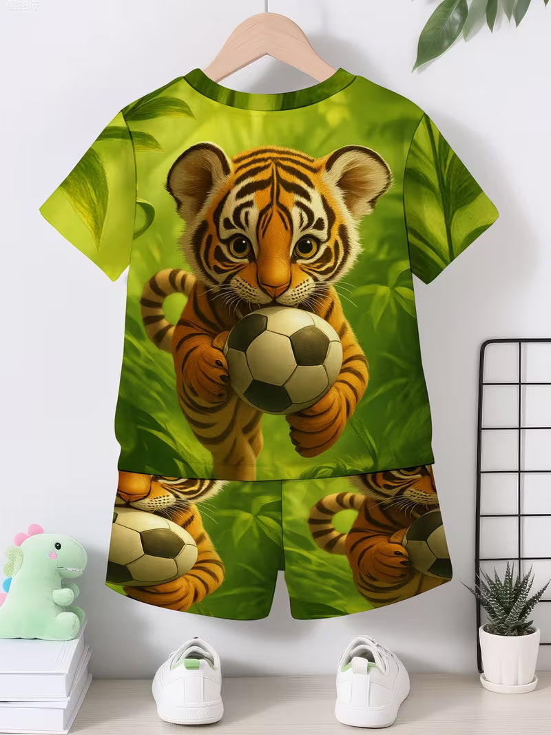 2pcs Set 3D Print Jungle Tiger Football Design Short Sleeve Pullover Shirt